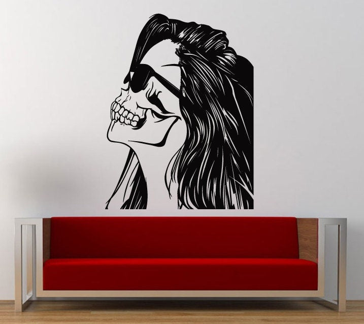 Skull Girl Woman Beautiful Hair Glasses Shades Swag Wall Decal Sticker Vinyl Mural Leaving Bedroom Room Home Decor FREE SHIPPING L314