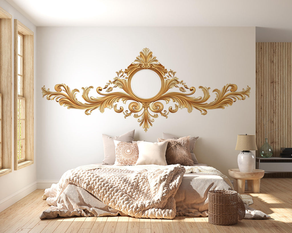 Golden Ornate Mirror Frame Wall Decal, Baroque Wall Sticker, Luxury Scroll Mural, Elegant Bedroom Headboard Decor, Classical Gold Wall Art