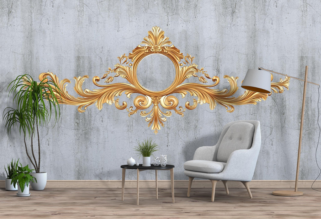 Golden Ornate Mirror Frame Wall Decal, Baroque Wall Sticker, Luxury Scroll Mural, Elegant Bedroom Headboard Decor, Classical Gold Wall Art