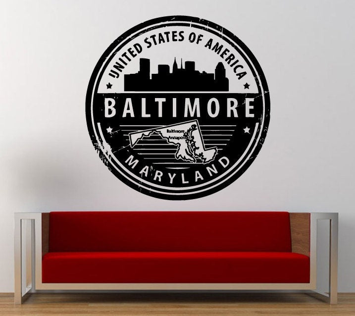 Unite States of America Baltimore Maryland Stamp Wall Decal Sticker Vinyl Mural Leaving Bedroom Room Home Decor FREE SHIPPING L320