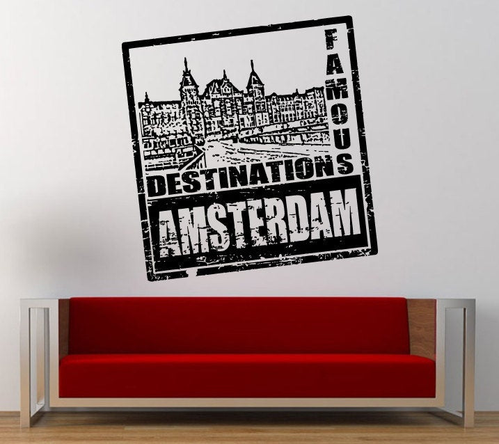 Famous Destination Amsterdam Stamp Wall Decal Sticker Vinyl Mural Leaving Bedroom Room Home Decor FREE SHIPPING L323