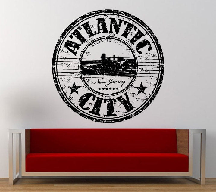 Atlantic City New Jersey Stamp Wall Decal Sticker Vinyl Mural Leaving Bedroom Room Home Decor FREE SHIPPING L340