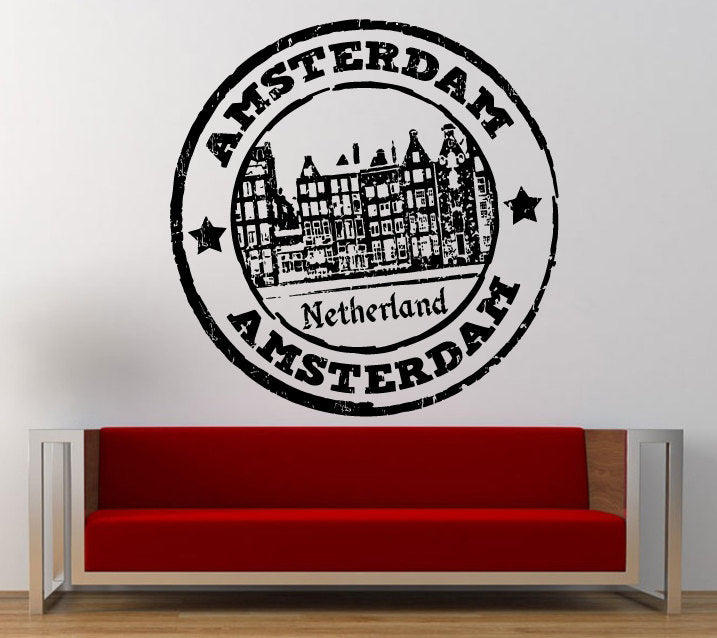 Amsterdam Netherlands Stamp Wall Decal Sticker Vinyl Mural Leaving Bedroom Room Home Decor FREE SHIPPING L343