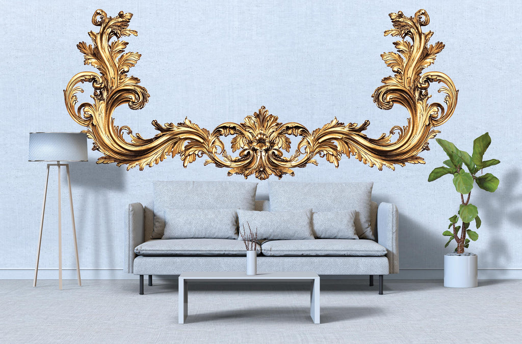 Golden Baroque Wall Decal, Ornate Gold Scroll Sticker, Luxury Wall Mural, Elegant Accent Wall Decor, Classical Home Decor