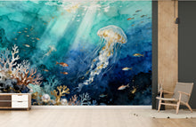 Load image into Gallery viewer, Jellyfish Restaurant Watercolor Wall Mural – Underwater Coral Peel stick decor Ocean wall decal, Fish art Kids Room or Nursery 997RS