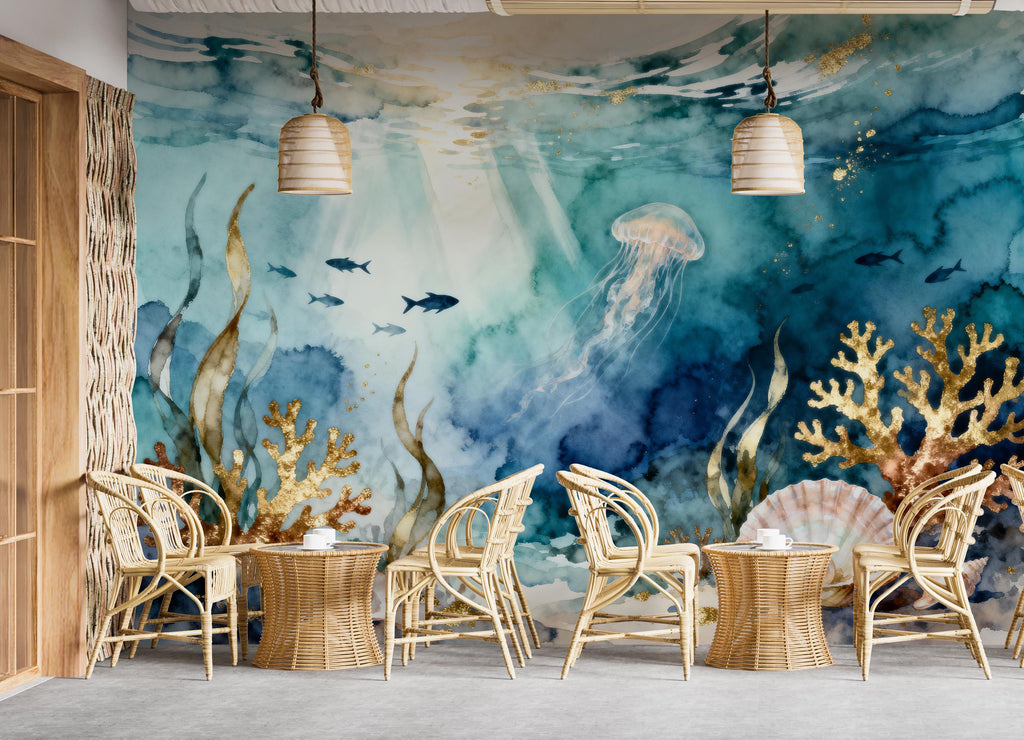 Jellyfish Restaurant Watercolor Wall Mural – Underwater Coral Peel stick decor Ocean wall decal, Fish art Kids Room or Nursery 998RS