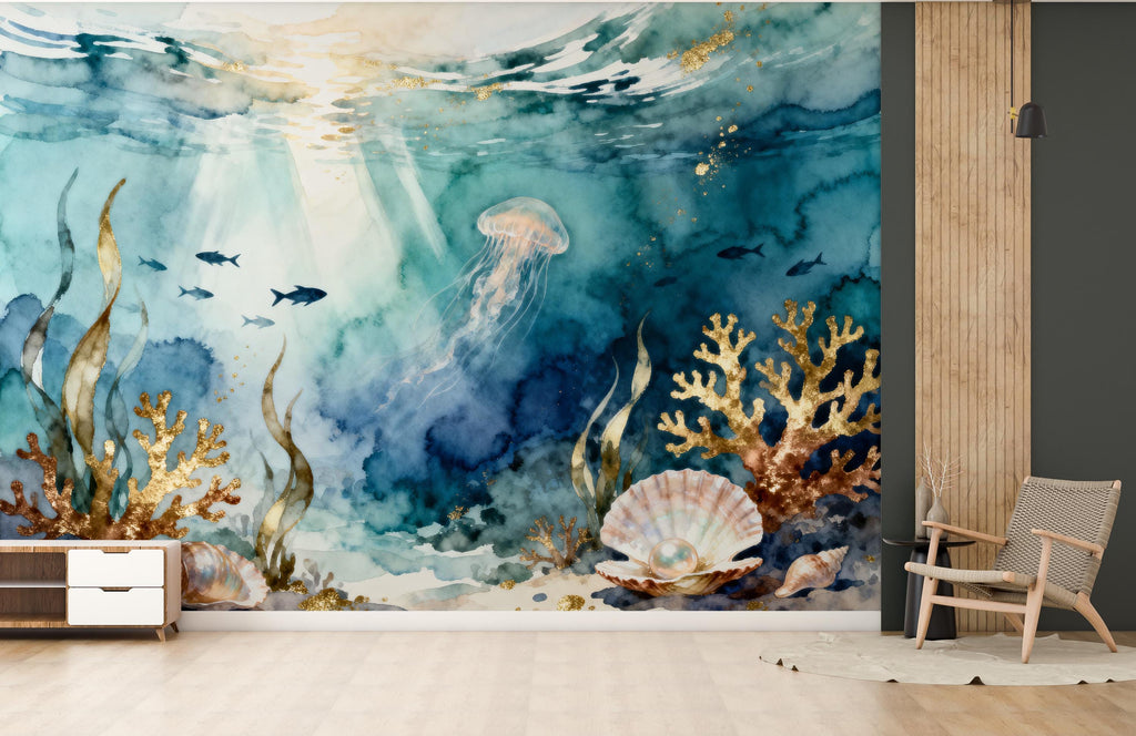 Jellyfish Restaurant Watercolor Wall Mural – Underwater Coral Peel stick decor Ocean wall decal, Fish art Kids Room or Nursery 998RS