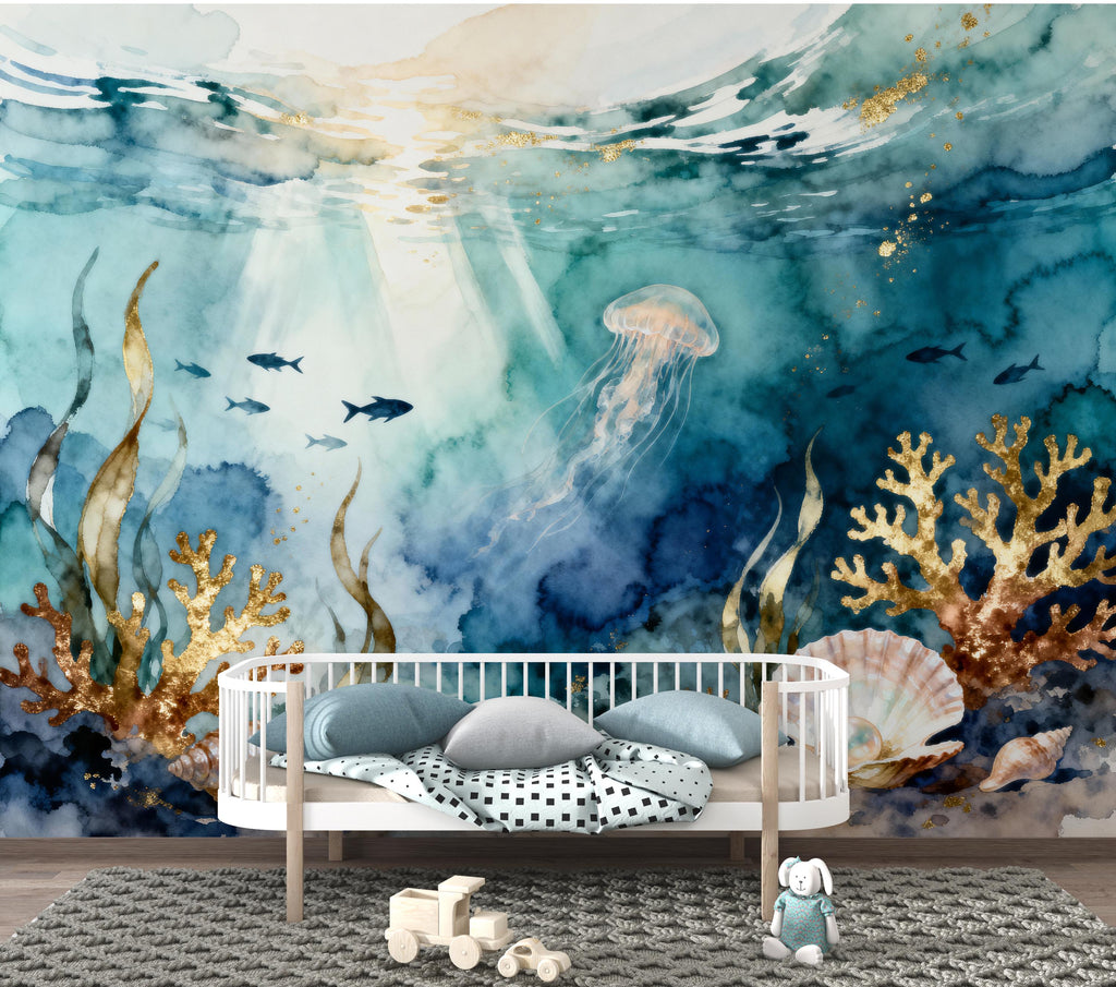 Jellyfish Restaurant Watercolor Wall Mural – Underwater Coral Peel stick decor Ocean wall decal, Fish art Kids Room or Nursery 998RS