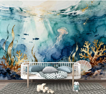 Load image into Gallery viewer, Jellyfish Restaurant Watercolor Wall Mural – Underwater Coral Peel stick decor Ocean wall decal, Fish art Kids Room or Nursery 998RS