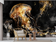 Load image into Gallery viewer, Gold Jellyfish Restaurant Watercolor Wall Mural – Underwater Coral Peel stick decor Ocean wall decal, Fish art Kids Room or Nursery 999RS