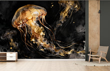 Load image into Gallery viewer, Gold Jellyfish Restaurant Watercolor Wall Mural – Underwater Coral Peel stick decor Ocean wall decal, Fish art Kids Room or Nursery 999RS