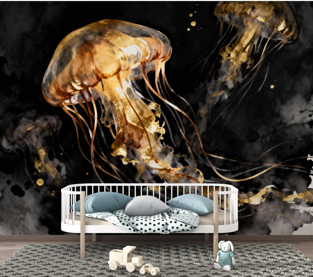 Gold Jellyfish Restaurant Watercolor Wall Mural – Underwater Coral Peel stick decor Ocean wall decal, Fish art Kids Room or Nursery 999RS