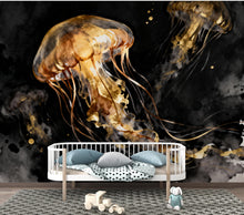 Load image into Gallery viewer, Gold Jellyfish Restaurant Watercolor Wall Mural – Underwater Coral Peel stick decor Ocean wall decal, Fish art Kids Room or Nursery 999RS
