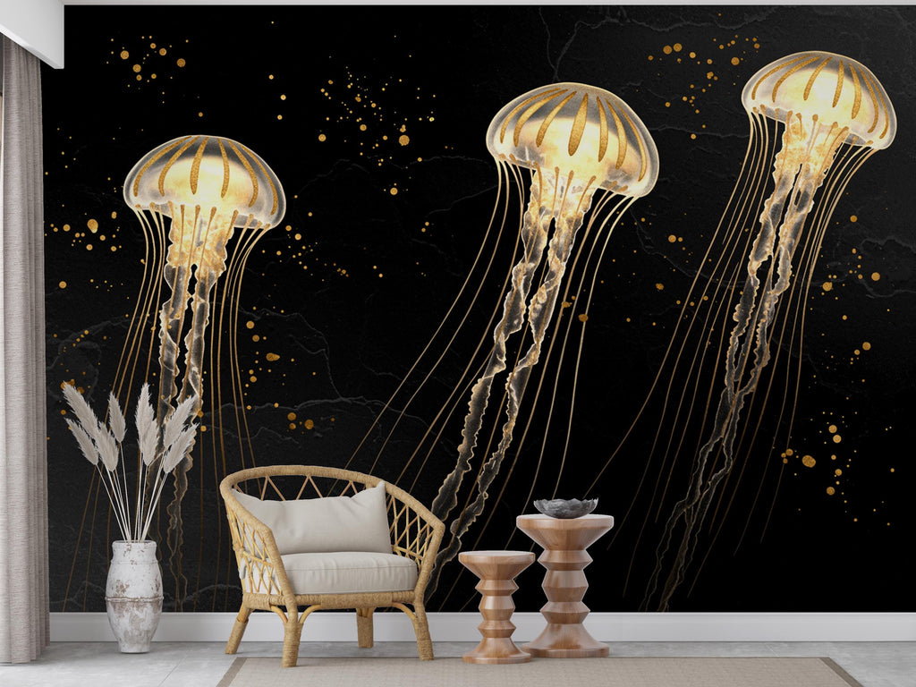 Gold Jellyfish Restaurant Watercolor Wall Mural – Underwater Coral Peel stick decor Ocean wall decal, Fish art Kids Room or Nursery 1000RS