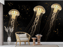 Load image into Gallery viewer, Gold Jellyfish Restaurant Watercolor Wall Mural – Underwater Coral Peel stick decor Ocean wall decal, Fish art Kids Room or Nursery 1000RS