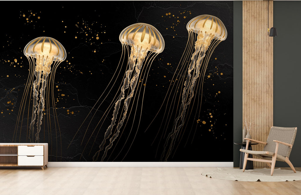 Gold Jellyfish Restaurant Watercolor Wall Mural – Underwater Coral Peel stick decor Ocean wall decal, Fish art Kids Room or Nursery 1000RS