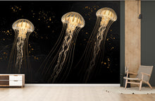 Load image into Gallery viewer, Gold Jellyfish Restaurant Watercolor Wall Mural – Underwater Coral Peel stick decor Ocean wall decal, Fish art Kids Room or Nursery 1000RS