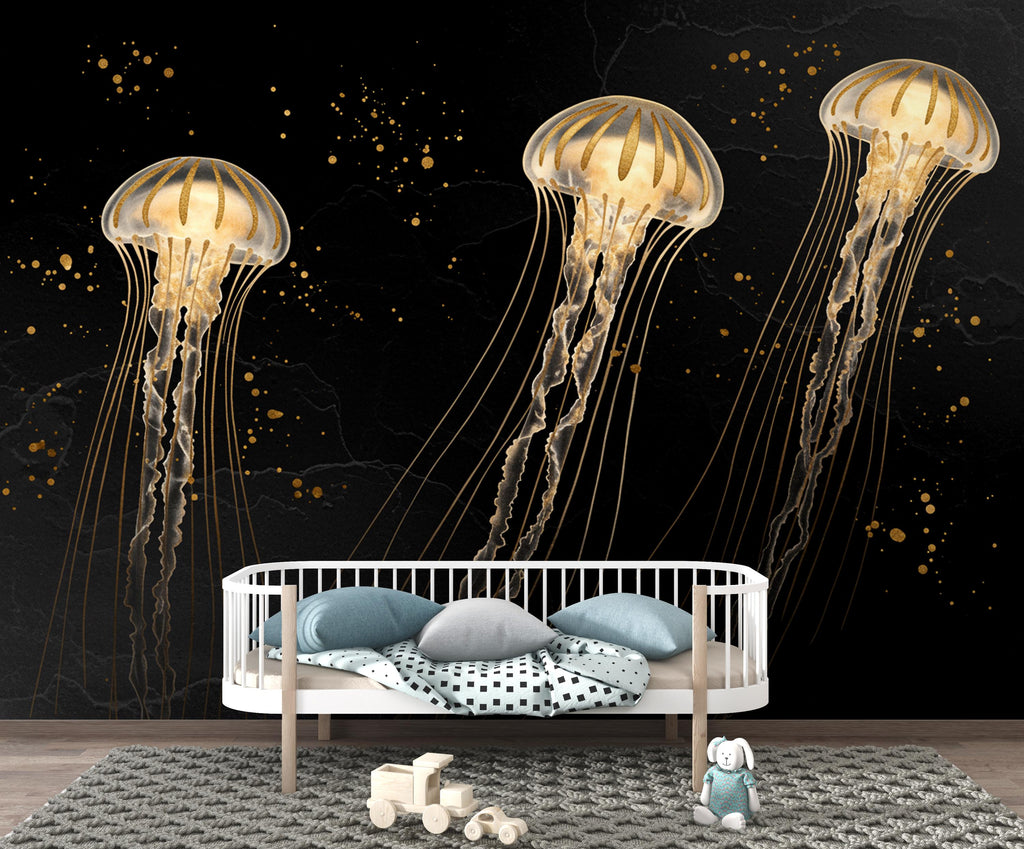 Gold Jellyfish Restaurant Watercolor Wall Mural – Underwater Coral Peel stick decor Ocean wall decal, Fish art Kids Room or Nursery 1000RS