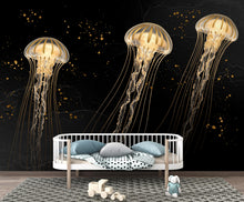 Load image into Gallery viewer, Gold Jellyfish Restaurant Watercolor Wall Mural – Underwater Coral Peel stick decor Ocean wall decal, Fish art Kids Room or Nursery 1000RS