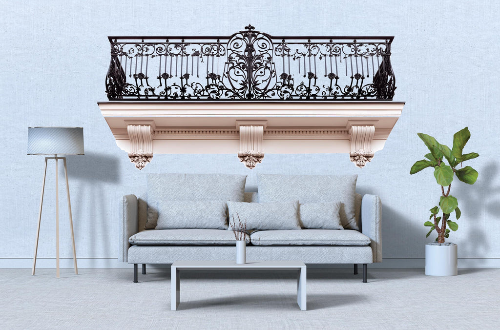 Ornate Balcony Wall Decal, 3D Architectural Wall Sticker, Luxury Iron Railing Mural, Elegant Bedroom Accent Decor, Peel and Stick Wall Art