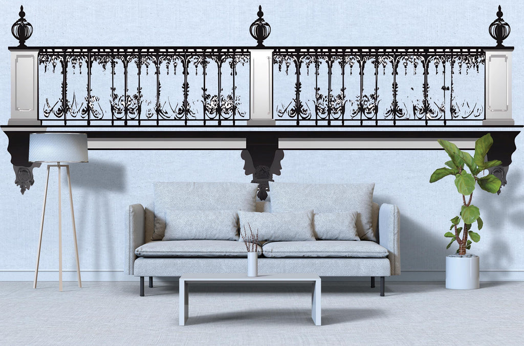 Elegant Balcony Wall Decal, Faux Iron Railing Wall Sticker, 3D Architectural Wall Mural, Luxury Bedroom Accent Decor, Peel & Stick Wall Art