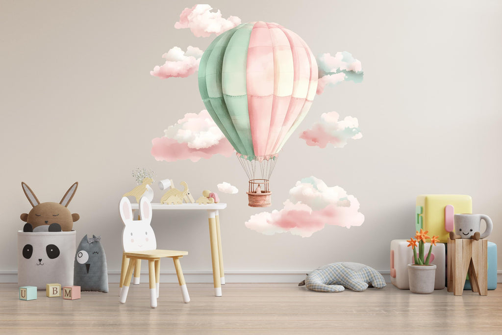 Pastel Hot Air Balloon Wall Decal for Nursery | Cloud Wall Sticker for Kids Room | Baby Girl & Boy Room Decor | Removable Large Mural Vinyl