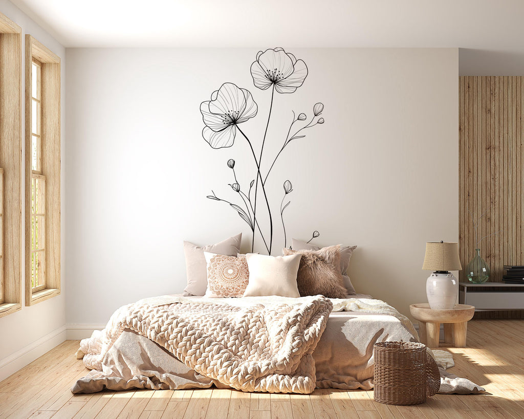 Minimalist Floral Wall Decal • Line Art Flower Wall Sticker • Modern Bedroom Wall Decor • Elegant Botanical Mural • Large Vinyl Flower