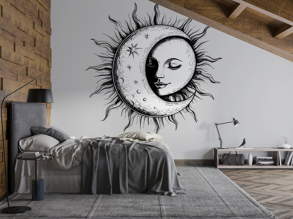 Sun and Moon Goddess Wall Decal – Mystical Celestial Face Art Mural, Boho Bedroom Decor, Peel & Stick Wall Sticker for Spiritual, Witchy