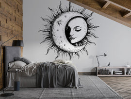 Sun and Moon Goddess Wall Decal – Mystical Celestial Face Art Mural, Boho Bedroom Decor, Peel & Stick Wall Sticker for Spiritual, Witchy