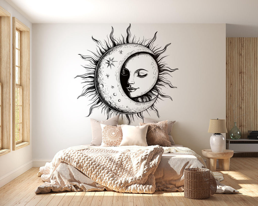 Sun and Moon Goddess Wall Decal – Mystical Celestial Face Art Mural, Boho Bedroom Decor, Peel & Stick Wall Sticker for Spiritual, Witchy