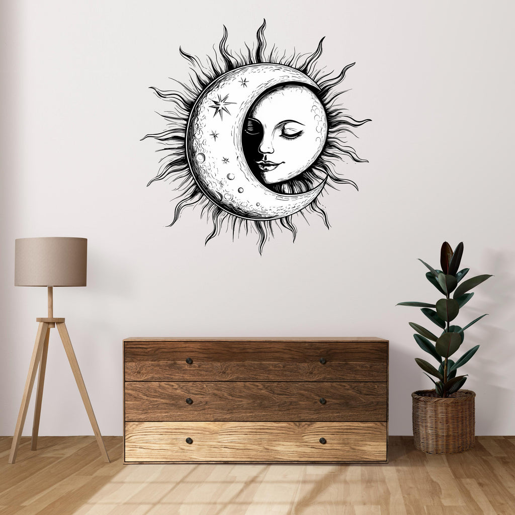 Sun and Moon Goddess Wall Decal – Mystical Celestial Face Art Mural, Boho Bedroom Decor, Peel & Stick Wall Sticker for Spiritual, Witchy