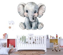 Load image into Gallery viewer, Cute Baby Elephant Wall Decal – Large Nursery Animal Sticker, Kids Room Decor, Watercolor Elephant Mural, Peel &amp; Stick Removable Nursery
