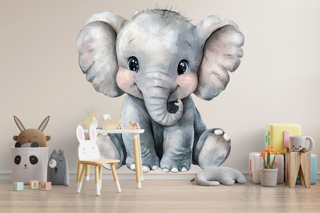 Cute Baby Elephant Wall Decal – Large Nursery Animal Sticker, Kids Room Decor, Watercolor Elephant Mural, Peel & Stick Removable Nursery