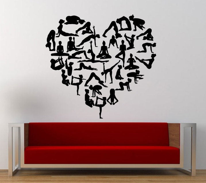 Love For Yoga Heart Shape All Positions Poses of Yoga Wall Decal Sticker Vinyl Mural Leaving Bedroom Room Home Decor FREE SHIPPING L361