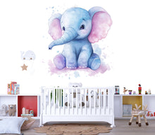 Load image into Gallery viewer, Blue Baby Elephant Wall Decal – Watercolor Nursery Animal Sticker, Cute Kids Room Decor, Large Peel &amp; Stick Removable Elephant Mural