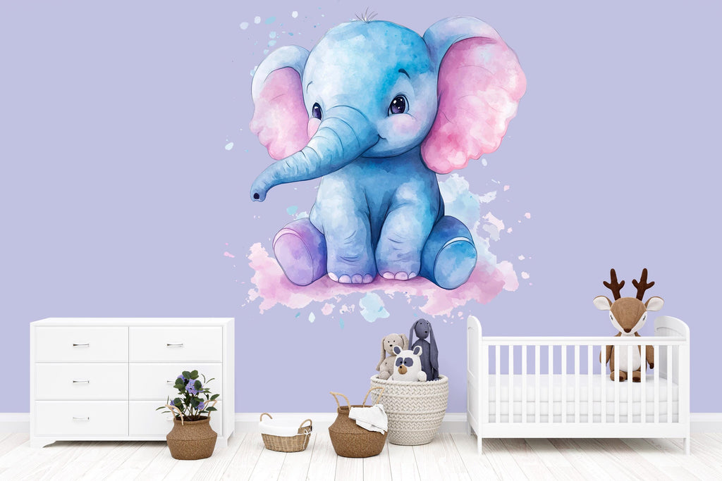 Blue Baby Elephant Wall Decal – Watercolor Nursery Animal Sticker, Cute Kids Room Decor, Large Peel & Stick Removable Elephant Mural