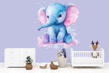 Load image into Gallery viewer, Blue Baby Elephant Wall Decal – Watercolor Nursery Animal Sticker, Cute Kids Room Decor, Large Peel &amp; Stick Removable Elephant Mural