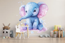 Load image into Gallery viewer, Blue Baby Elephant Wall Decal – Watercolor Nursery Animal Sticker, Cute Kids Room Decor, Large Peel &amp; Stick Removable Elephant Mural