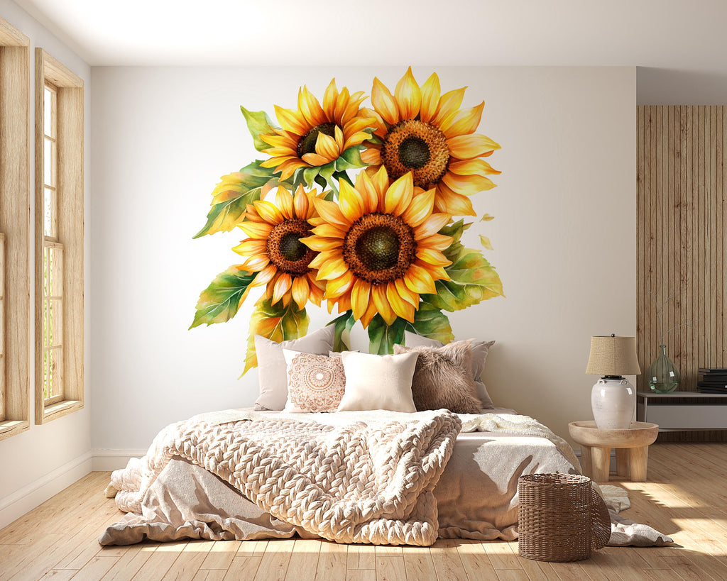 Sunflower Wall Decal – Large Watercolor Floral Sticker, Bright Sunflower Bouquet Wall Art, Peel & Stick Removable Flower Mural for Bedroom