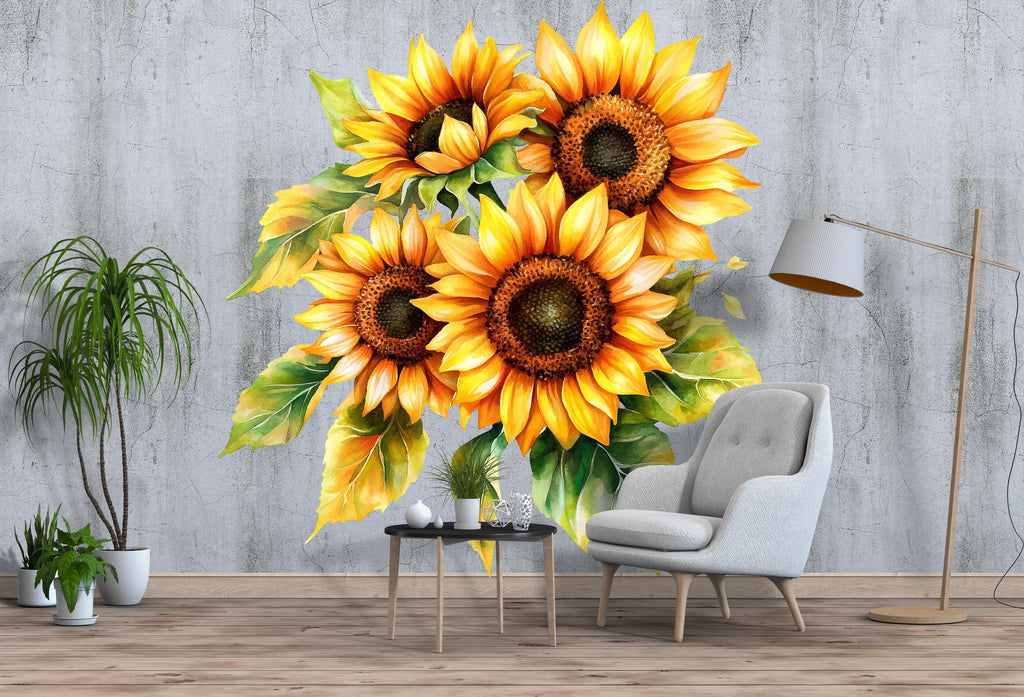 Sunflower Wall Decal – Large Watercolor Floral Sticker, Bright Sunflower Bouquet Wall Art, Peel & Stick Removable Flower Mural for Bedroom