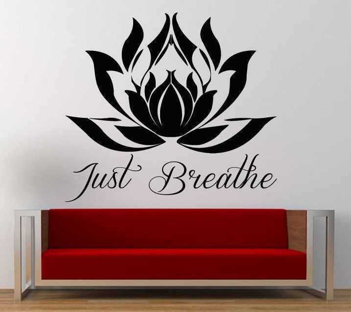 Just Breathe Lotus Flower Yoga Ohm Meditation Wall Decal Sticker Vinyl Mural Leaving Bedroom Room Home Decor FREE SHIPPING L362