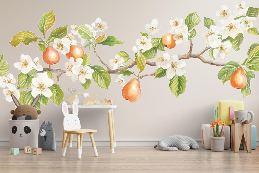 Pear Blossom Wall Decal, Flowering Branch Wall Sticker, Nursery Fruit Tree Mural, Botanical Peel & Stick Wall Art, Kids Room Nature Decor