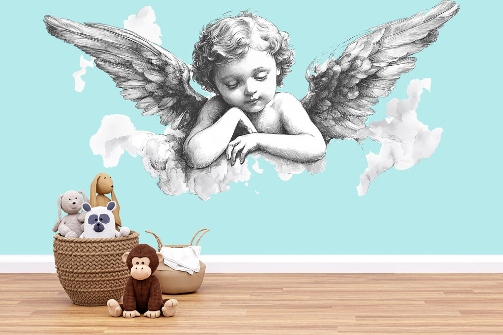 Sleeping Angel Wall Decal, Angel Wings Nursery Sticker, Baby Angel Wall Art, Guardian Angel Mural, Kids Room Peel & Stick Decor