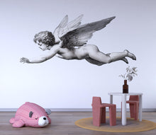 Load image into Gallery viewer, Flying Angel Wall Decal • Vintage Cherub Mural • Nursery Wall Sticker • Baby Room Decor • Large Peel &amp; Stick Angel Art • Kids Room Wall