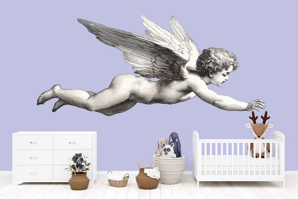 Flying Angel Wall Decal • Vintage Cherub Mural • Nursery Wall Sticker • Baby Room Decor • Large Peel & Stick Angel Art • Kids Room Wall