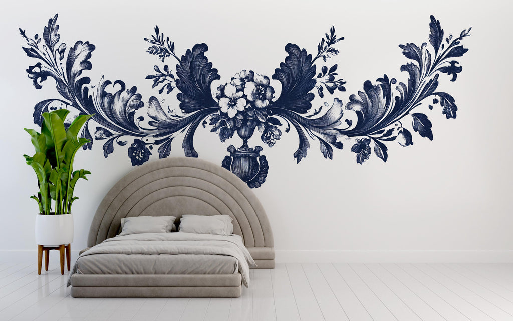Navy Ornamental Floral Wall Decal • Vintage Baroque Wall Sticker • Elegant Bedroom Mural • Peel & Stick Floral Decor • Large Wall Art Decal