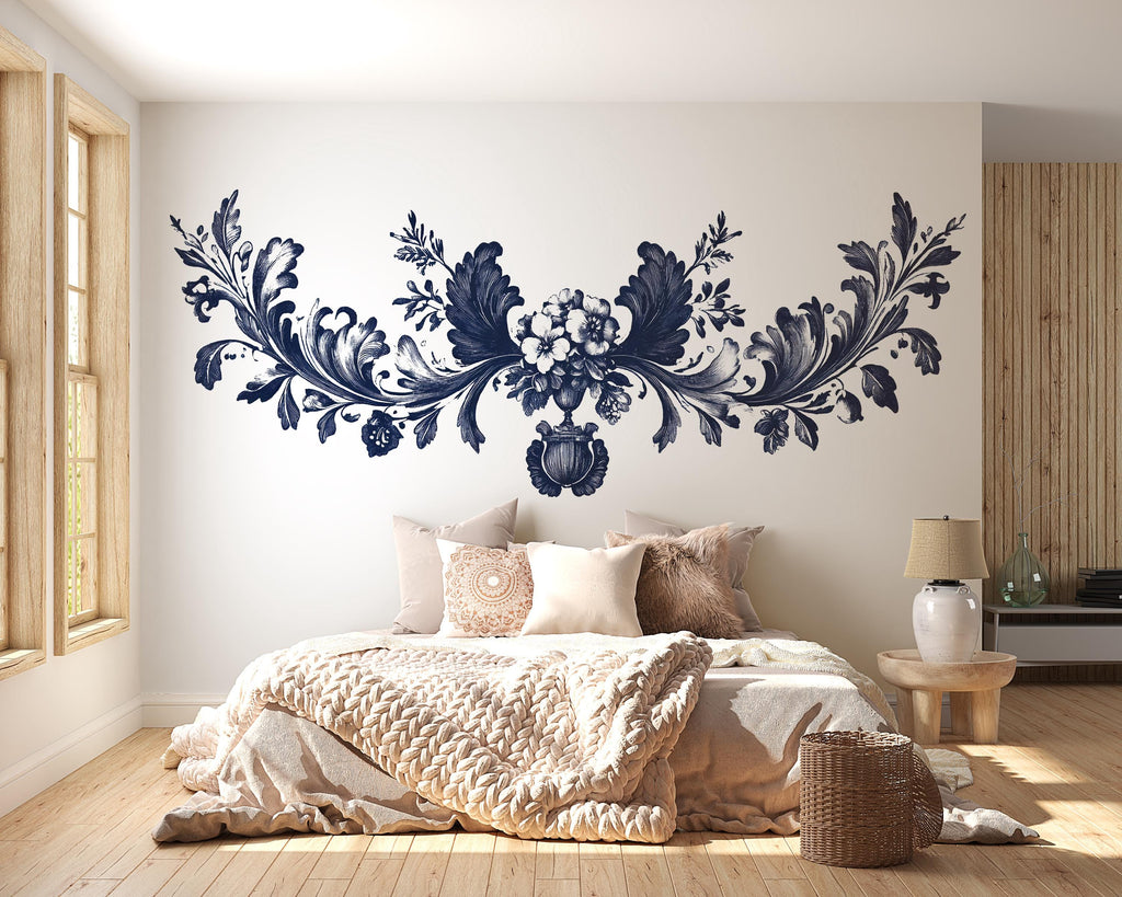 Navy Ornamental Floral Wall Decal • Vintage Baroque Wall Sticker • Elegant Bedroom Mural • Peel & Stick Floral Decor • Large Wall Art Decal
