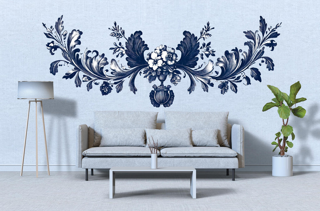 Navy Ornamental Floral Wall Decal • Vintage Baroque Wall Sticker • Elegant Bedroom Mural • Peel & Stick Floral Decor • Large Wall Art Decal