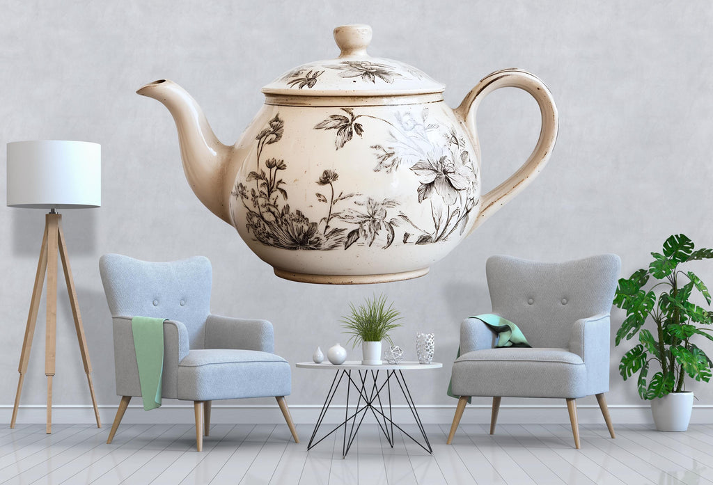 Vintage Teapot Wall Decal • Floral Teapot Wall Sticker • Tea Room Decor • Cottagecore Kitchen Mural • Large Peel & Stick Wall Art