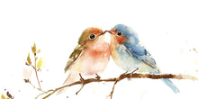 Load image into Gallery viewer, Watercolor Birds Wall Decal • Kissing Birds Wall Sticker • Nursery Bird Mural • Cute Animal Wall Art • Kids Room Decor • Peel &amp; Stick Decal